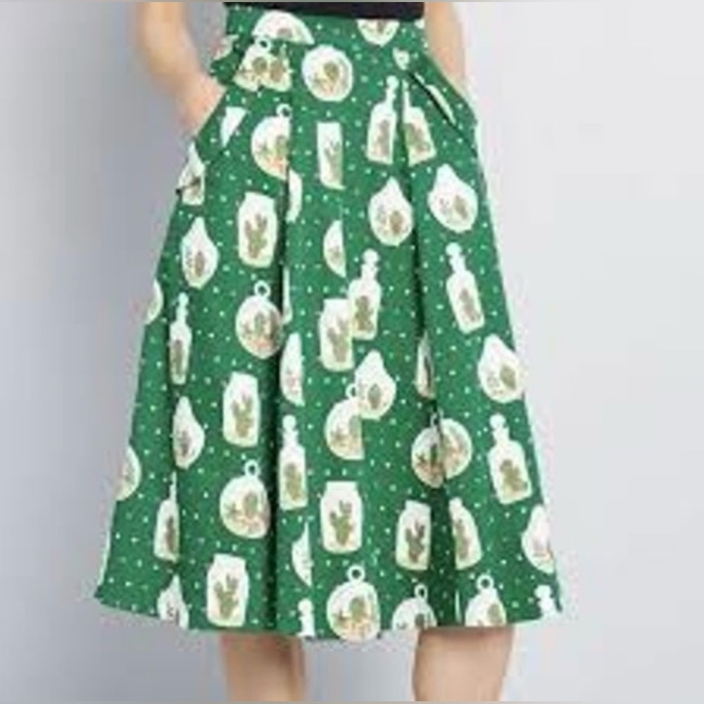 COLLECTIF X MODCLOTH Theodora Cactus Swing Midi Skirt Fit & Flare Green Large